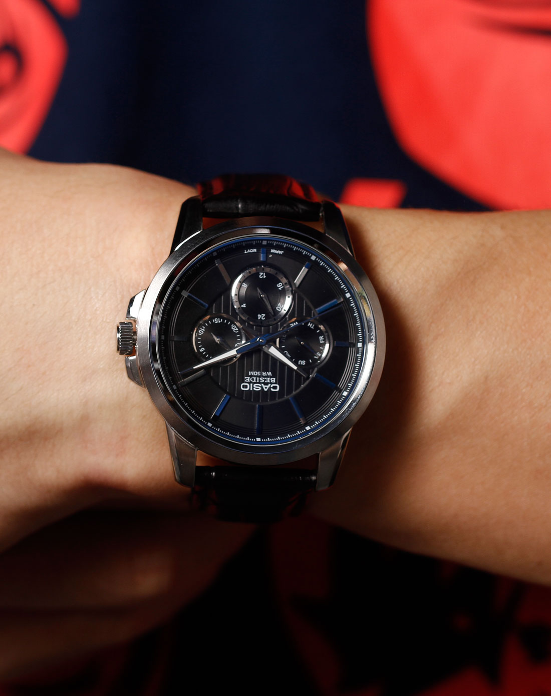 卡西欧casio男款beside黑色皮带三眼优质表bem-307l-1avdf_唯品会