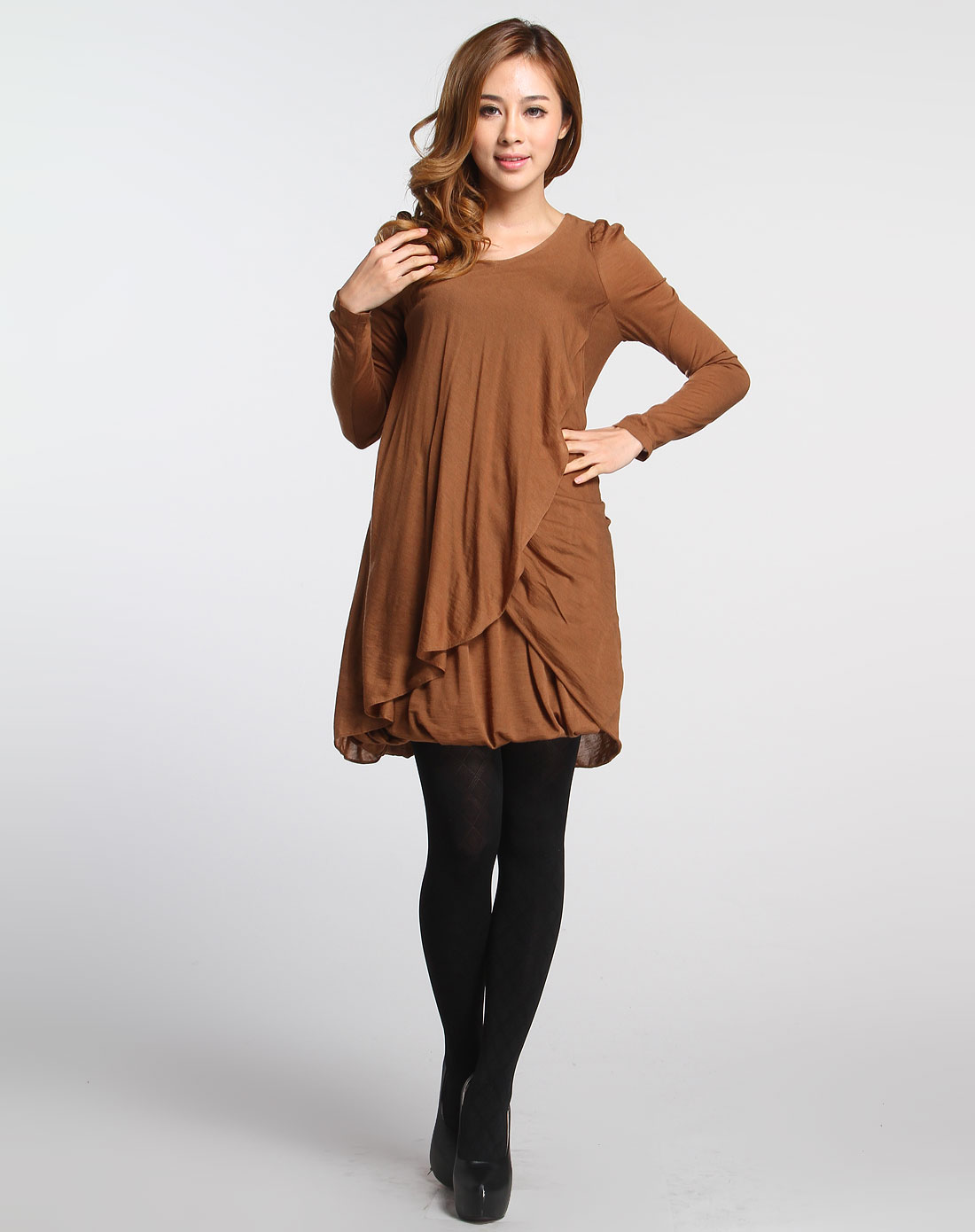 卡秀cushow女装专场 咖啡色简约典雅长袖针织连衣裙