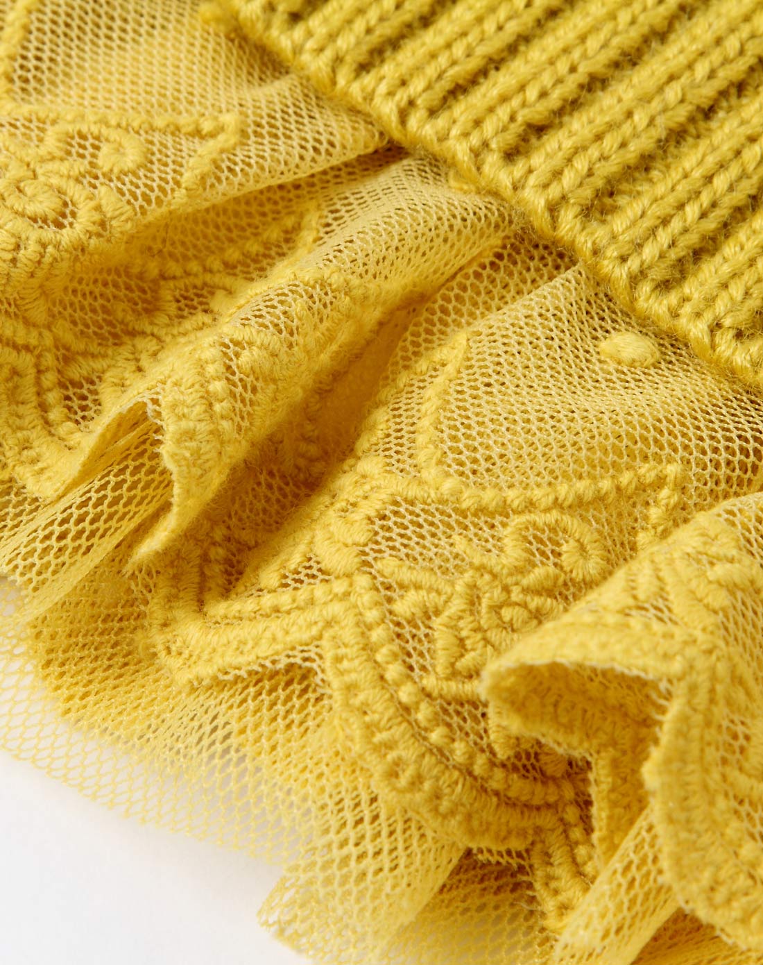 女童姜黄假两件花边领提花毛衣