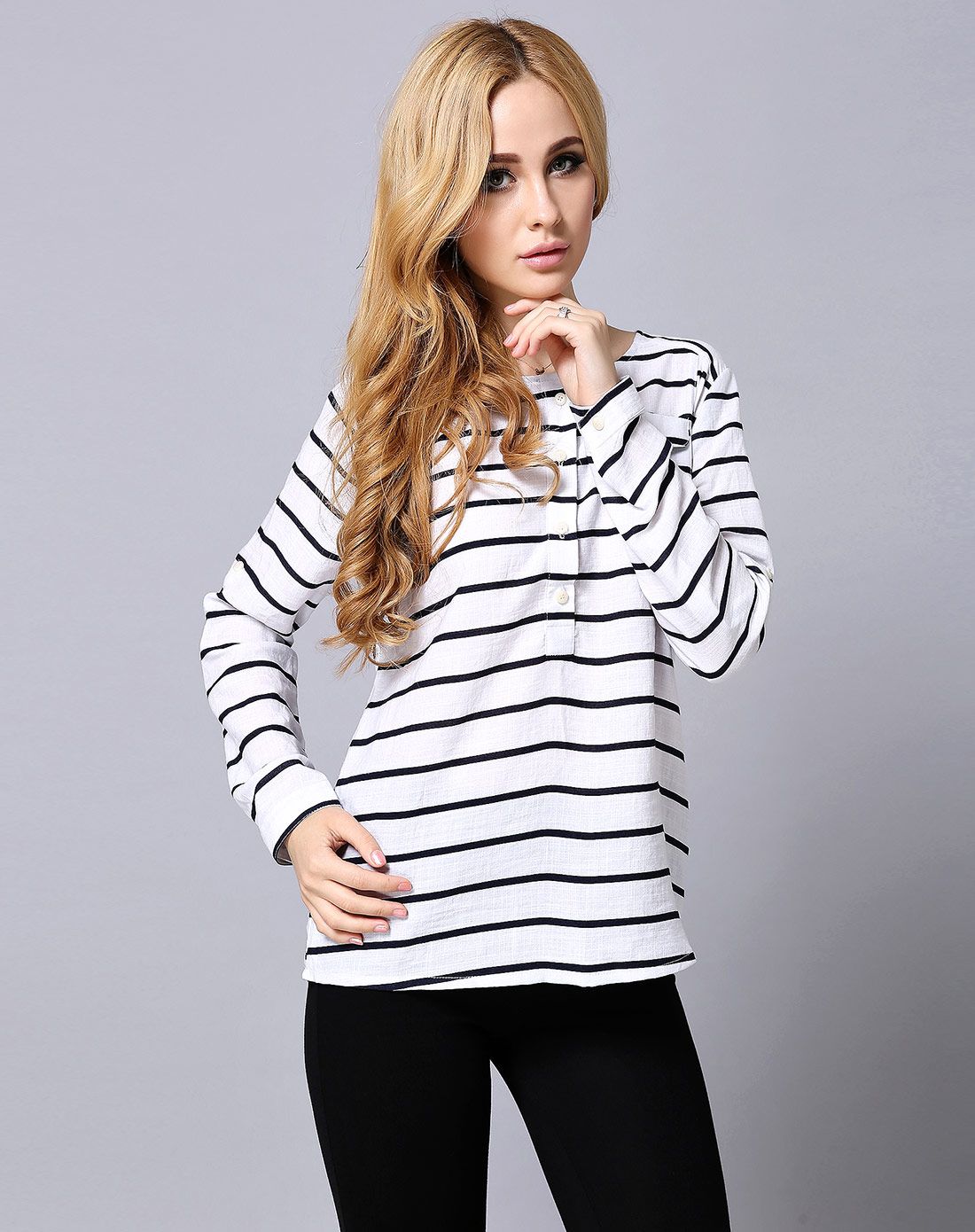 gustavo arango女款青白色圆领黑白横条上衣2g48y800155_唯品会