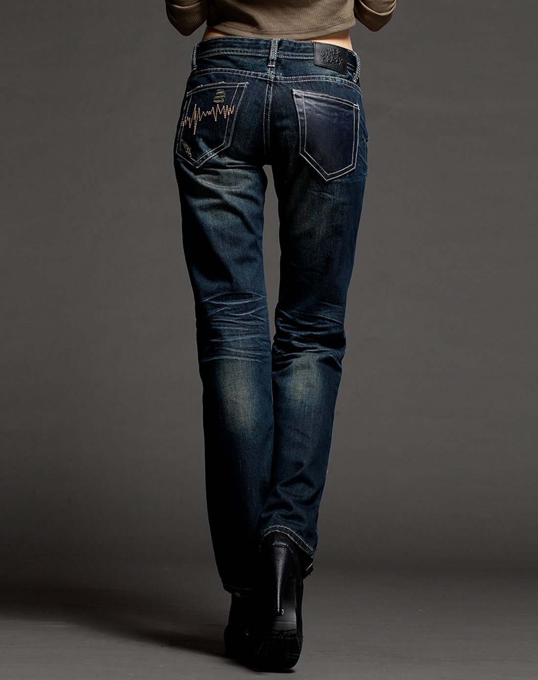 othercrazy 女装深蓝色低腰直筒牛仔裤