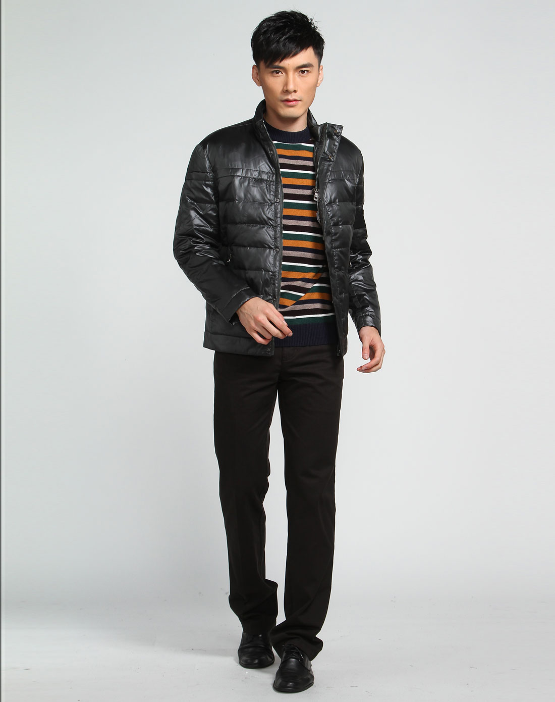 宾度j.benato男装专场-黑绿色细格子休闲长袖羽绒外套