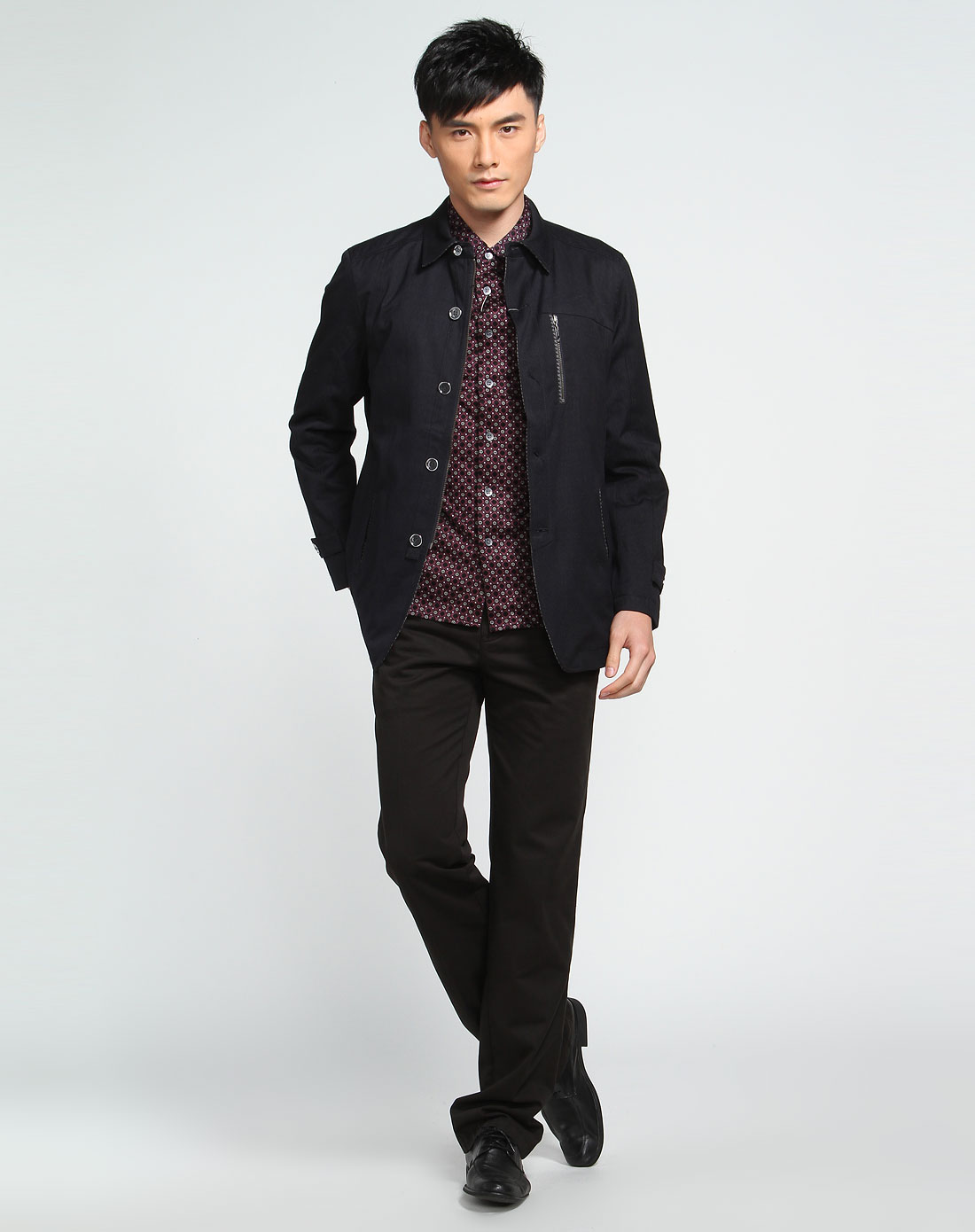 宾度j.benato男装专场-蓝黑色翻领休闲长袖夹克