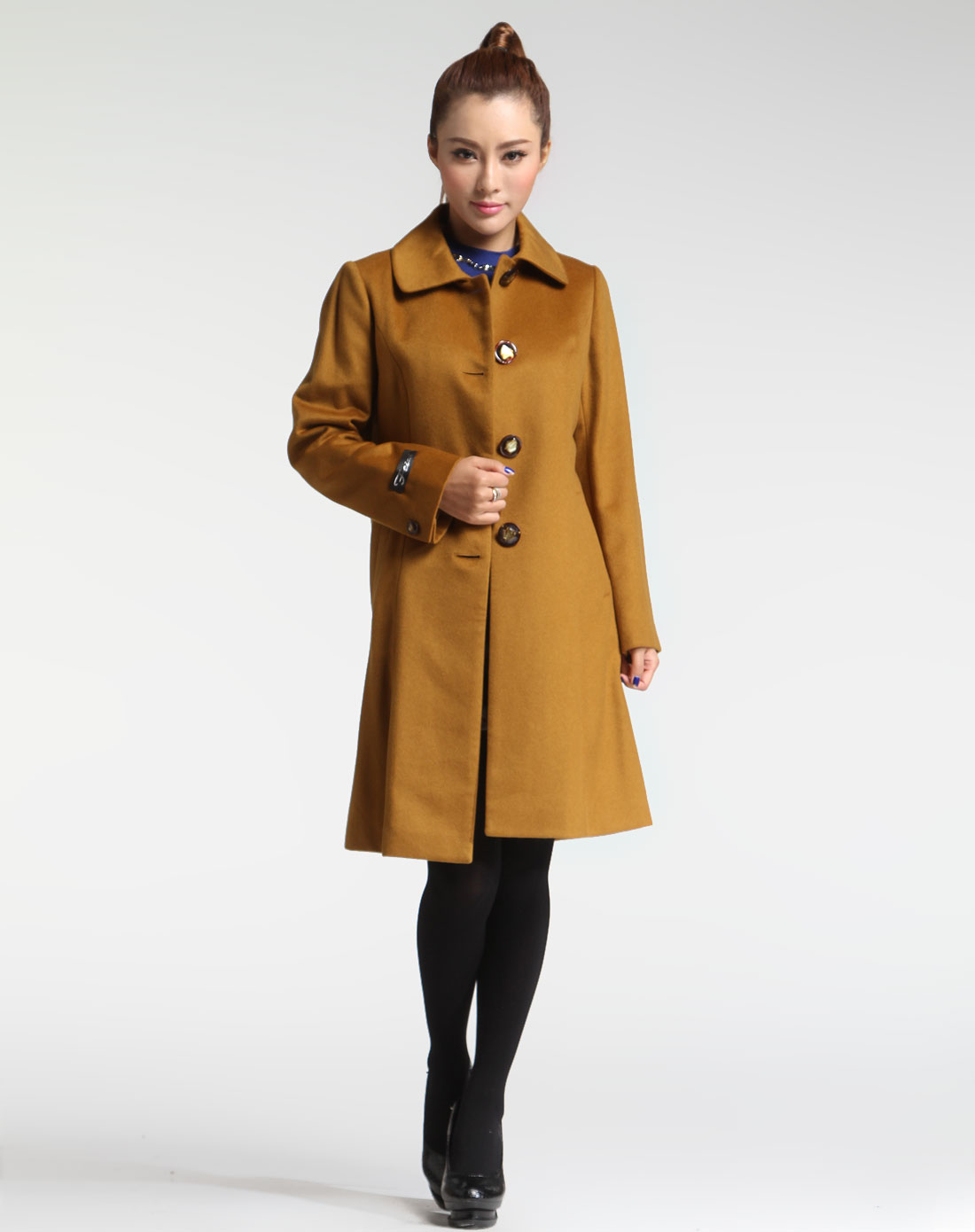 菲姿feizi 芥黄色翻领时尚长袖羊绒大衣