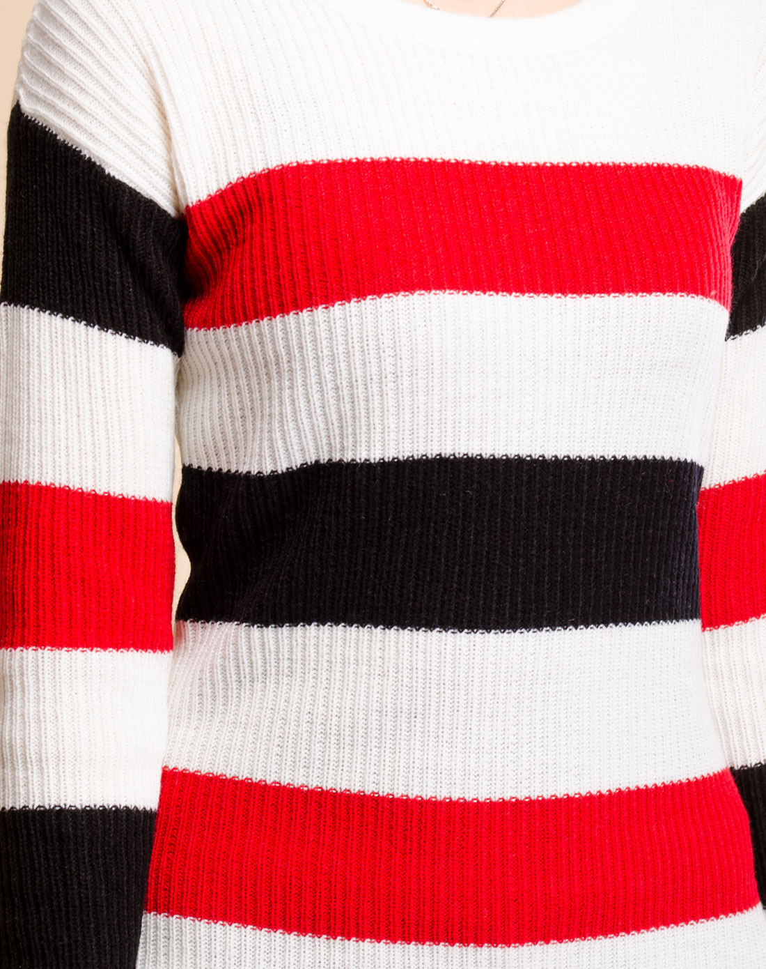 红白黑三色条纹套衫毛衣