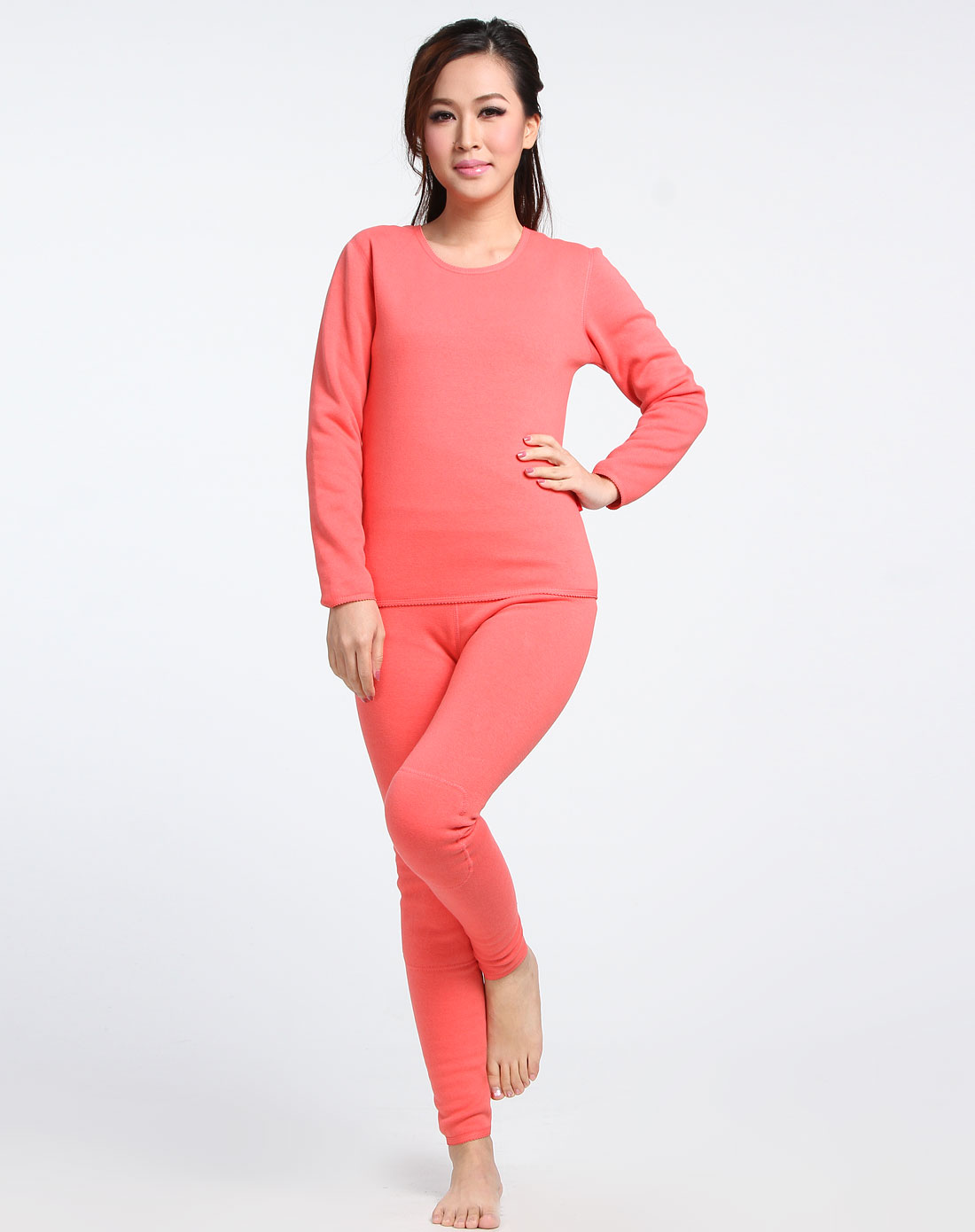 橘粉色羊毛倍暖绒长袖内衣套装