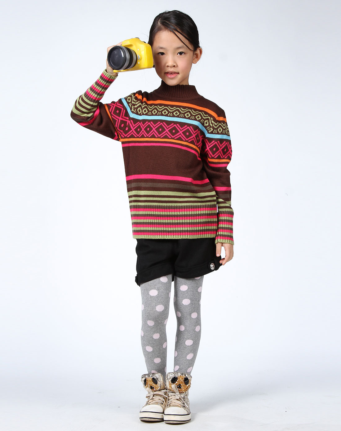 铅笔俱乐部pencil club男女童混合专场-女童咖啡色织花高领长袖毛衣