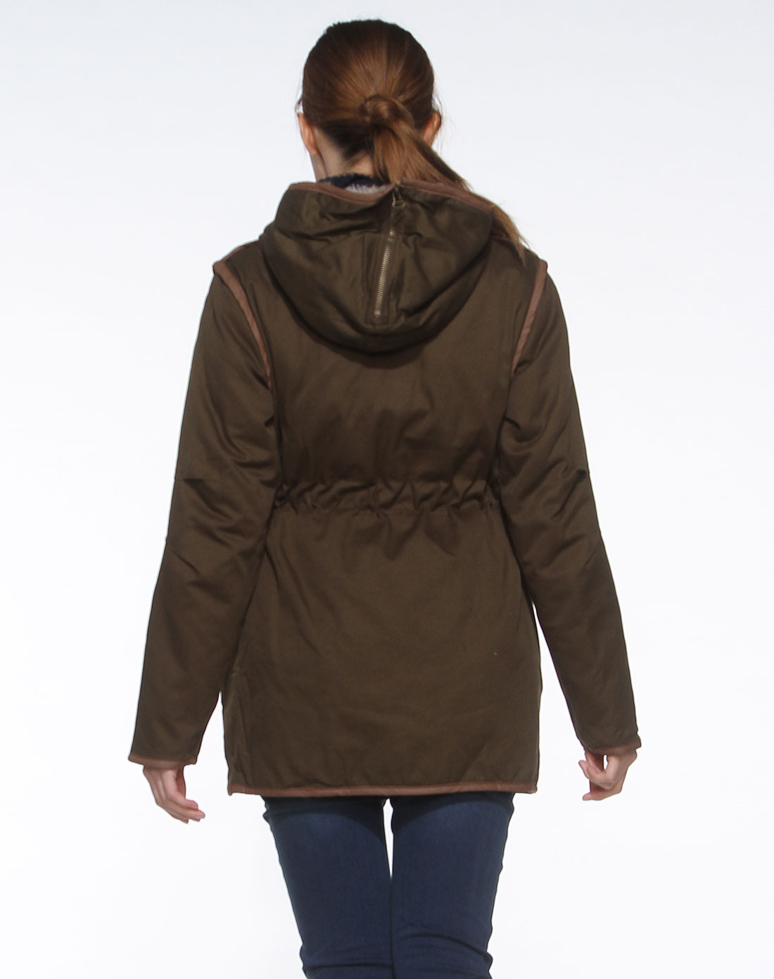 咖绿色连帽休闲长袖棉服