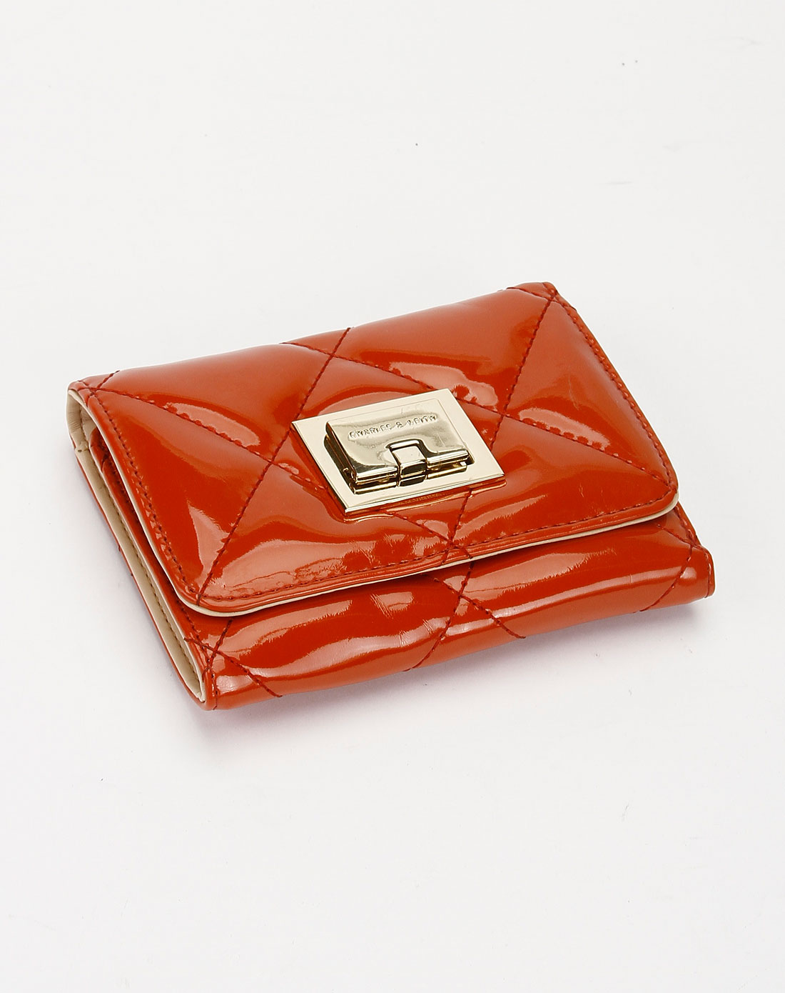 女式橙色漆皮翻盖短款钱包