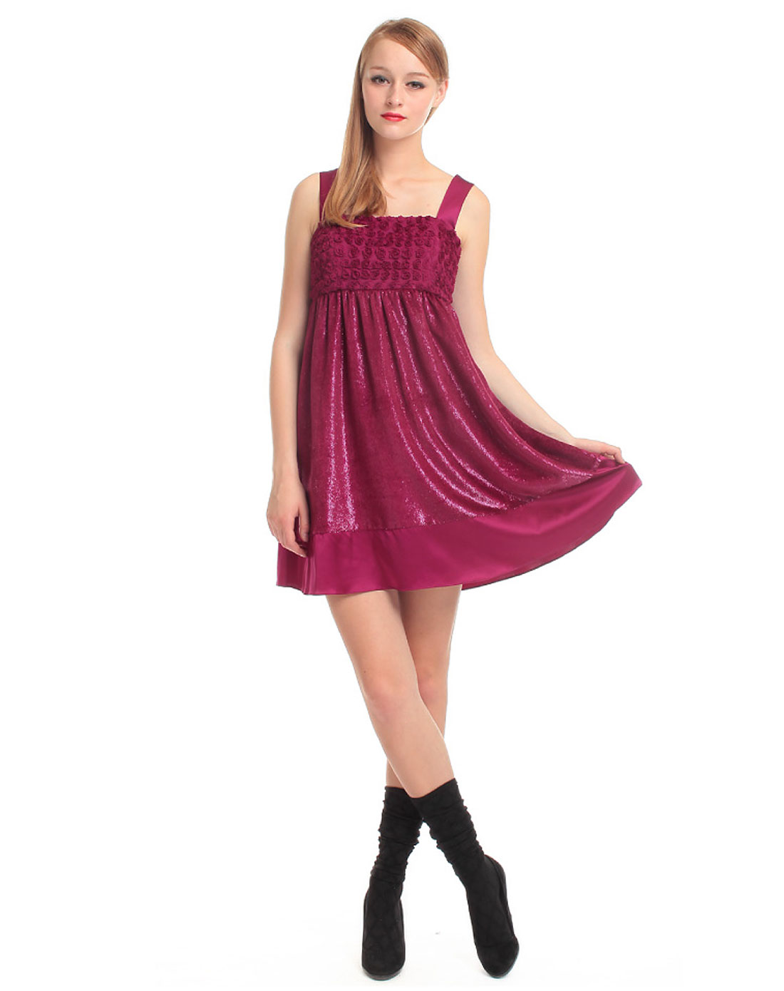 雅莹tbf女装专场-玫红色花朵时尚优雅无袖连衣裙