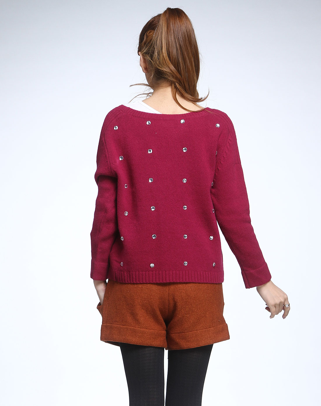 暗玫红色长袖毛衣两件套