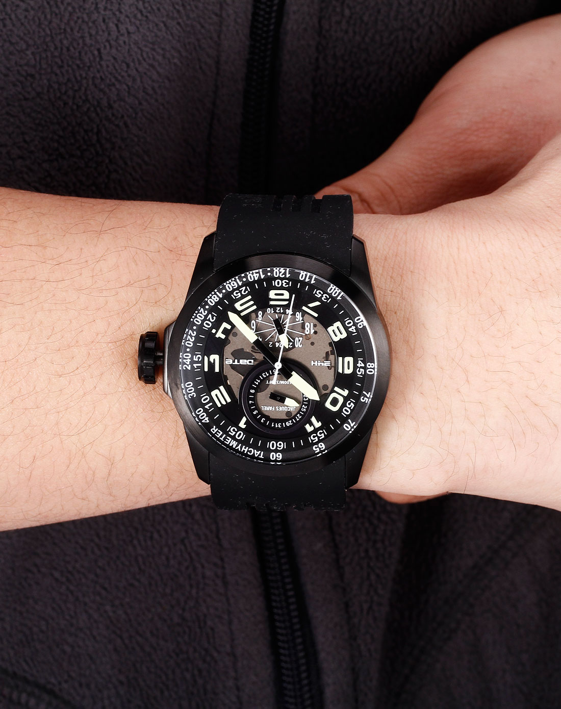 雅客珐瑞jacques farel手表专场 男款黑/荧光绿色帅气户外探险胶带