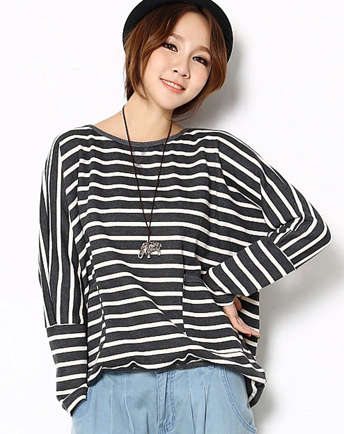 女款炭灰色条纹长袖t恤