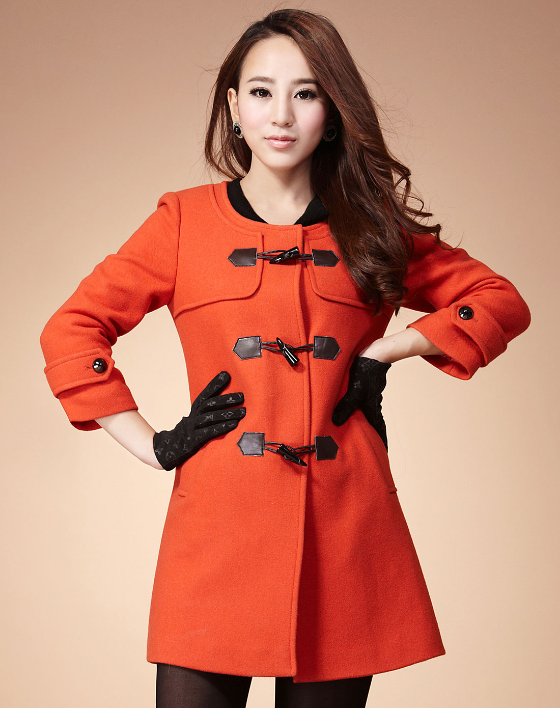 深橙色时尚双排扣长袖外套