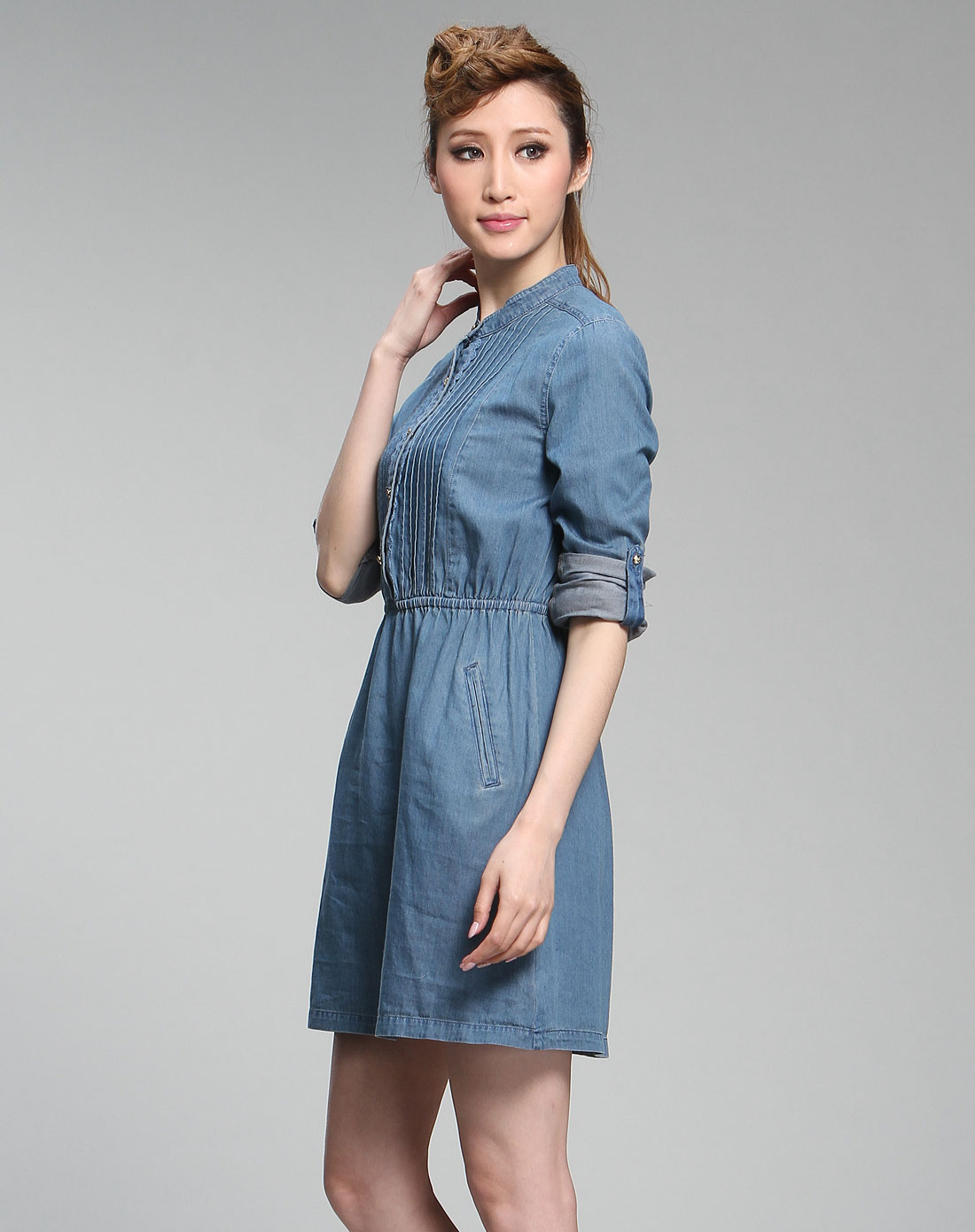 r&d女装专场-牛仔蓝色小企领打褶长袖连衣裙