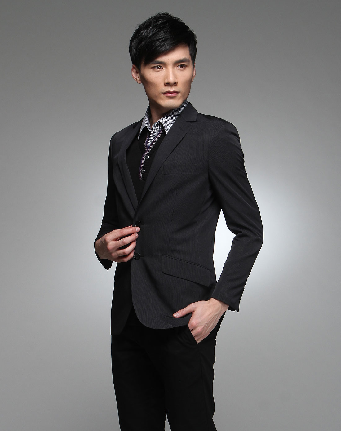 男款黑色条纹长袖西装