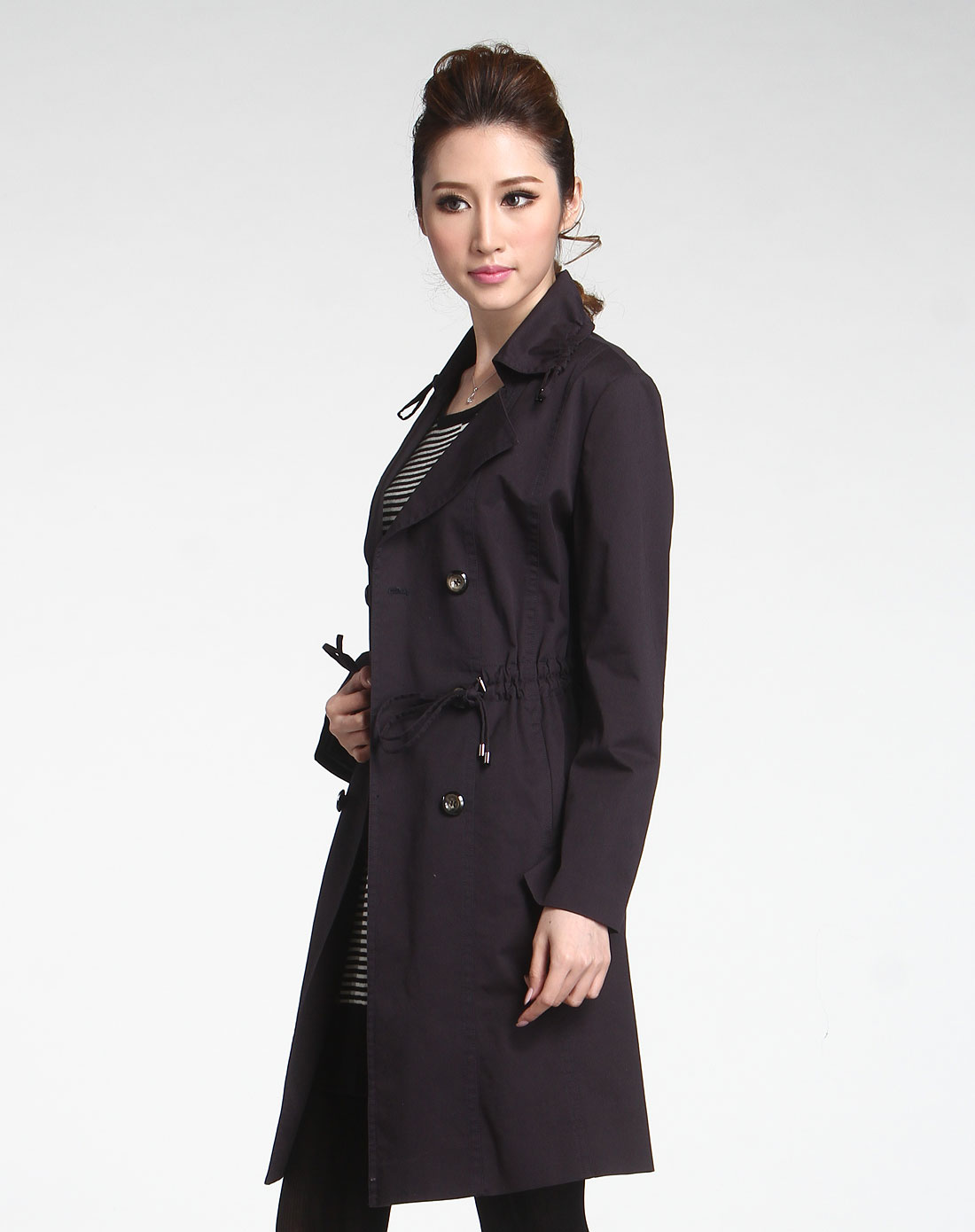 紫啡色翻领双排扣长袖外套