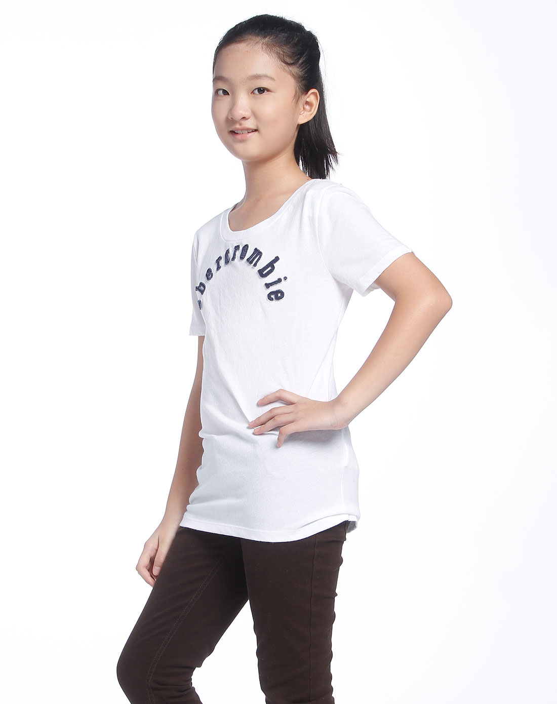 abercrombie&fitch少年装t恤专场-少女白色圆领简约短袖上衣