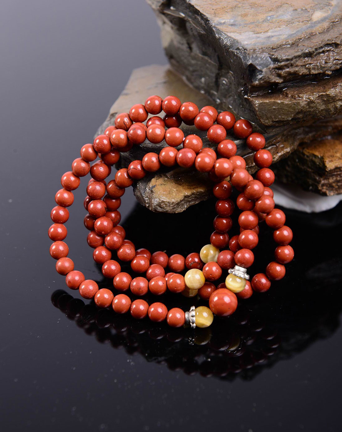 中性红色/黄色天然朱砂石黄虎眼吉祥如意手链