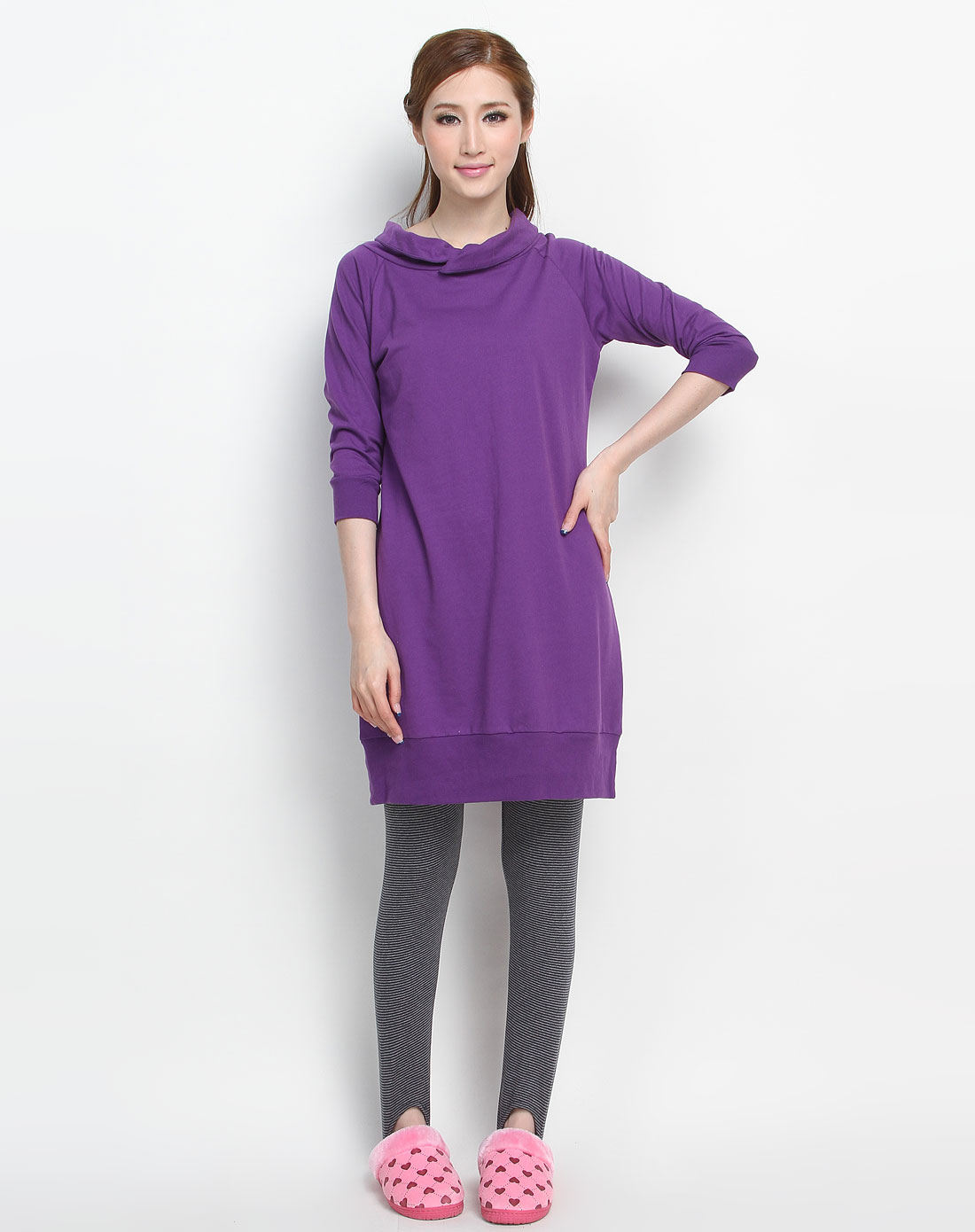 女款紫色长款净色中袖t恤