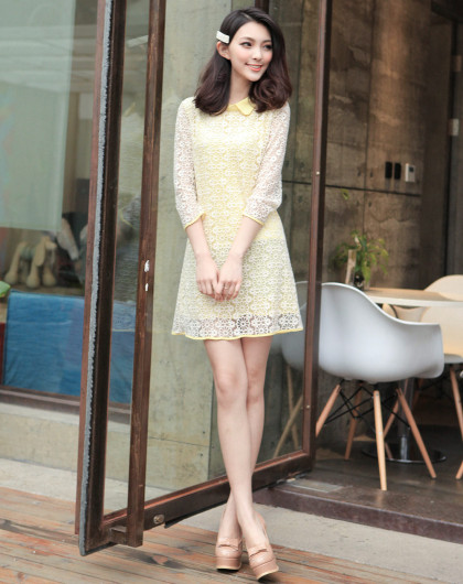 米色高级淑女翻领全身蕾丝七分袖连衣裙