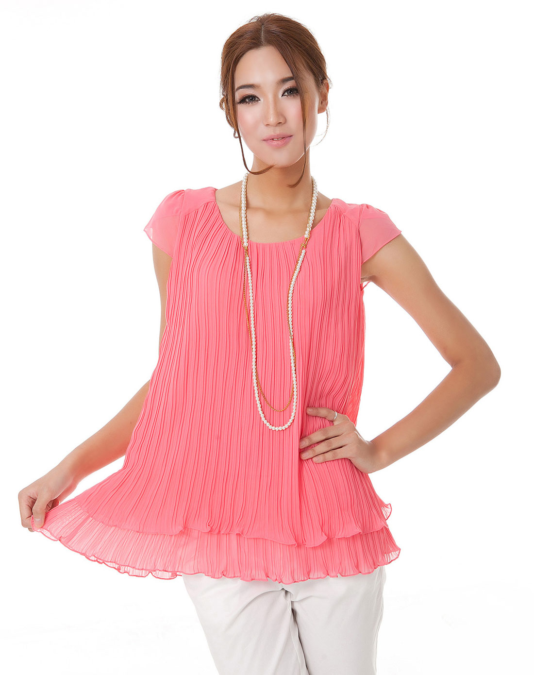 粉红色红袖女装正品牙签褶皱雪纺衬衫