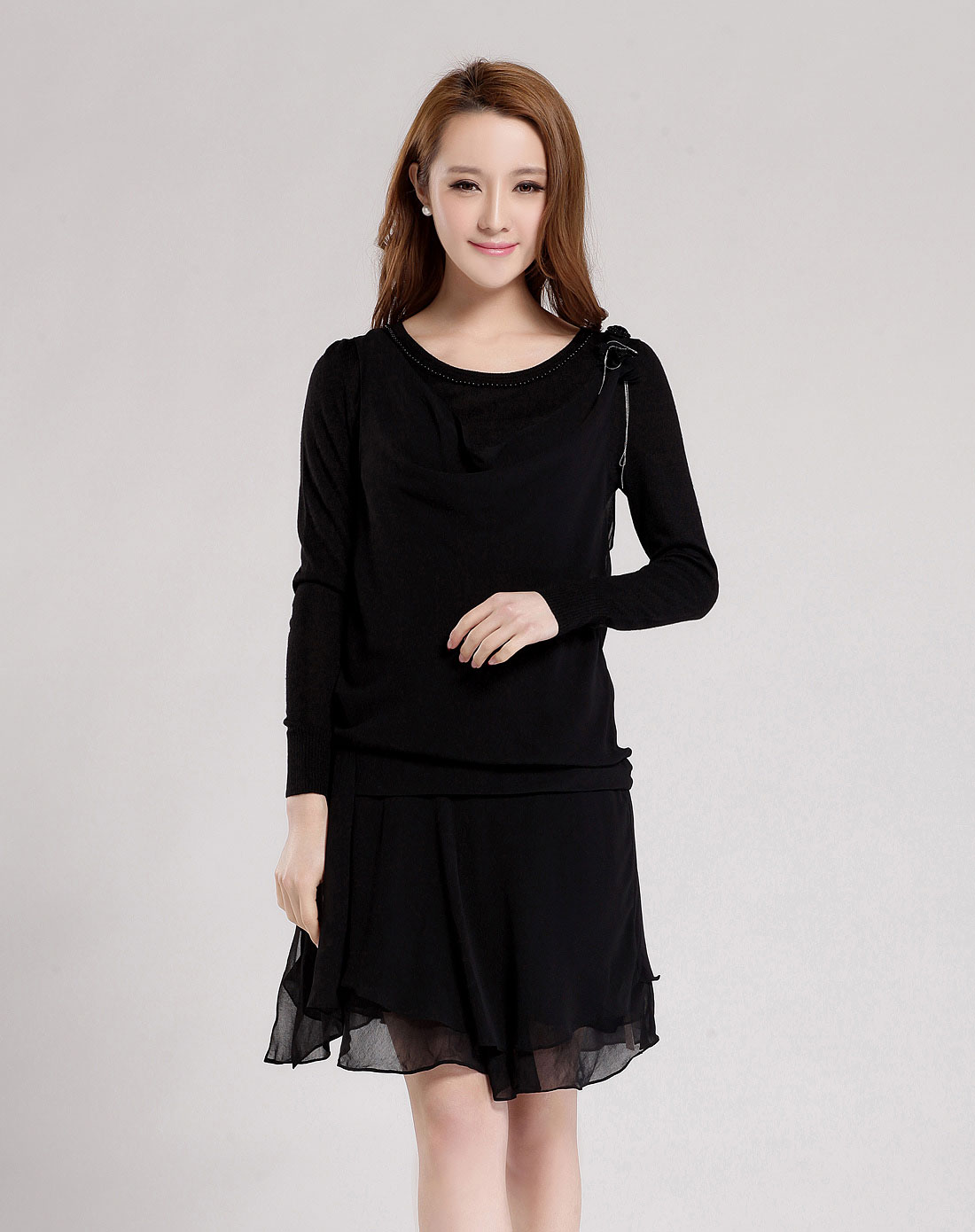 黑色红袖女装正品长袖拼接淑女连衣裙