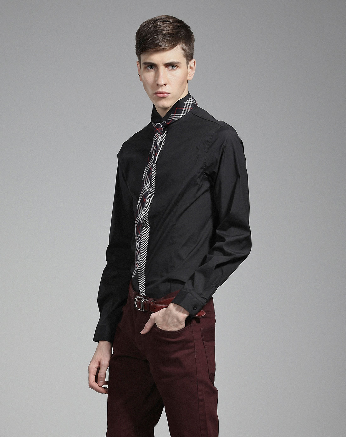 黑色男休闲修身黑色衬衫