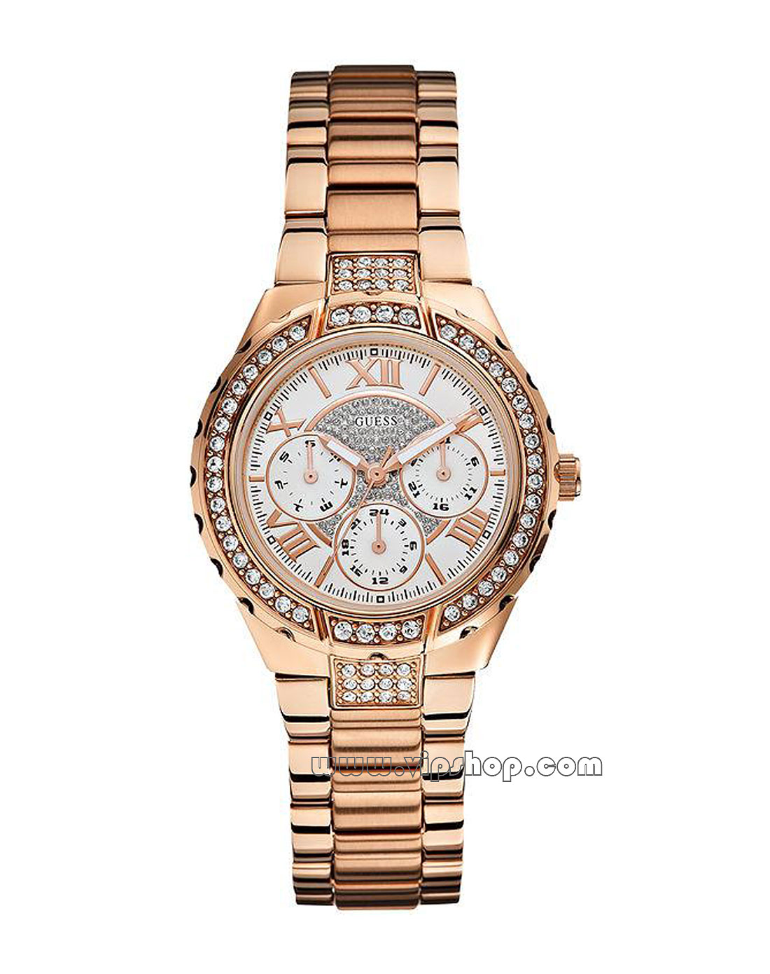 guess 女款精致镶钻三表盘多功能石英表玫瑰金色