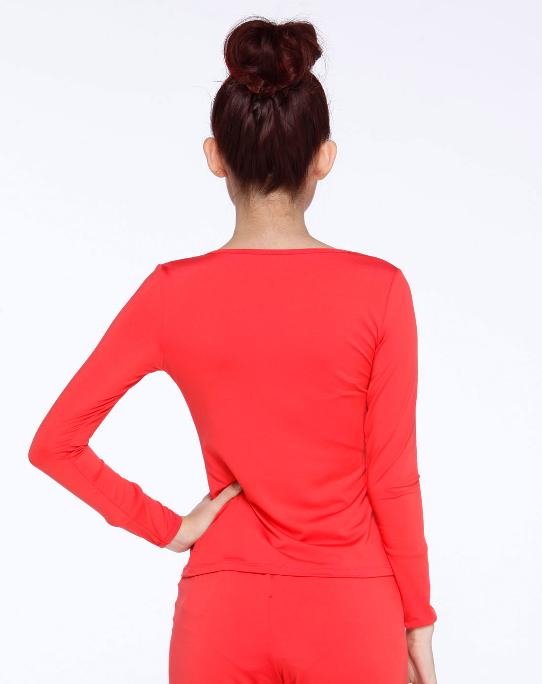 女款瓜红色长袖瑜伽服上衣