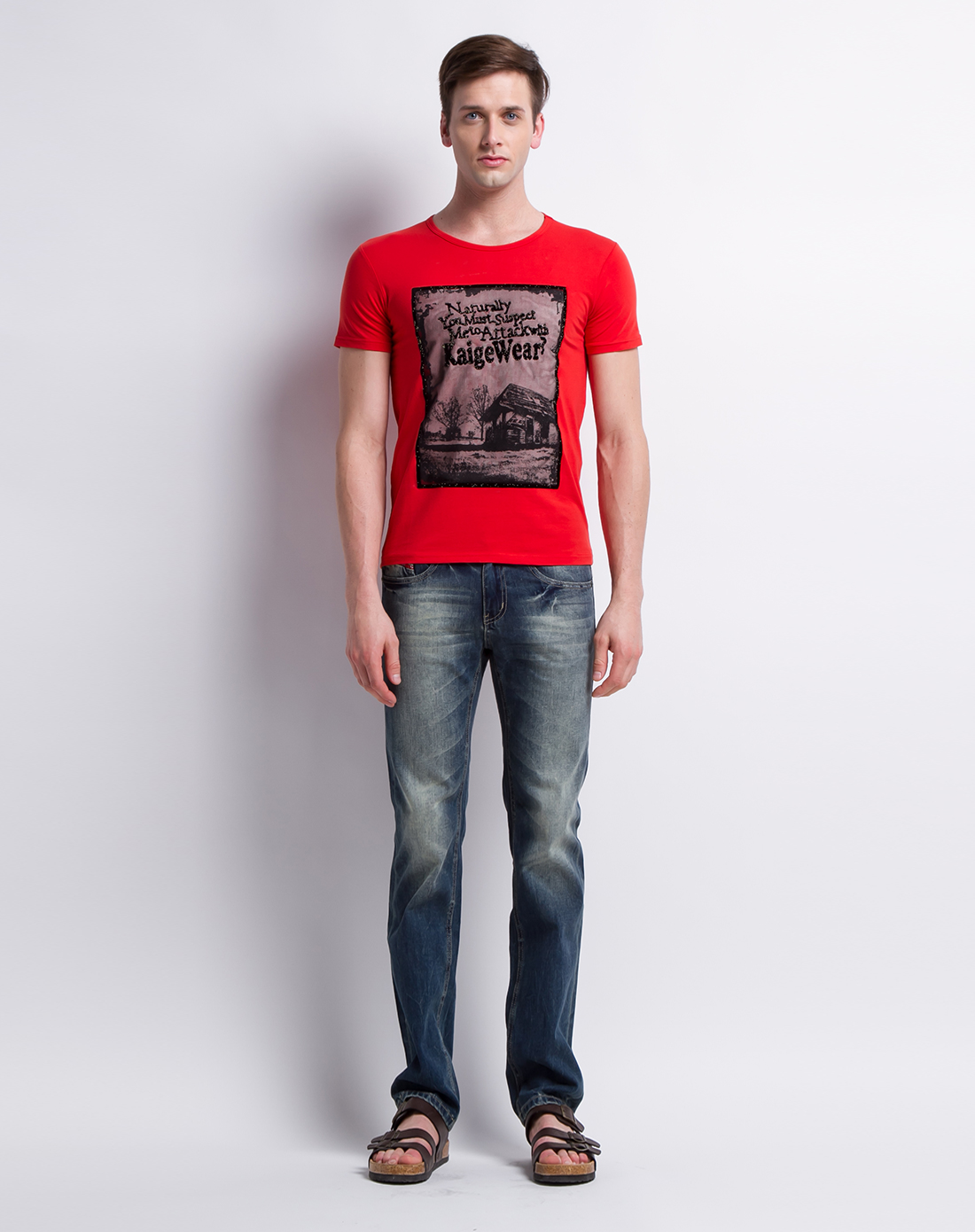 男款桔红色印花短袖t恤