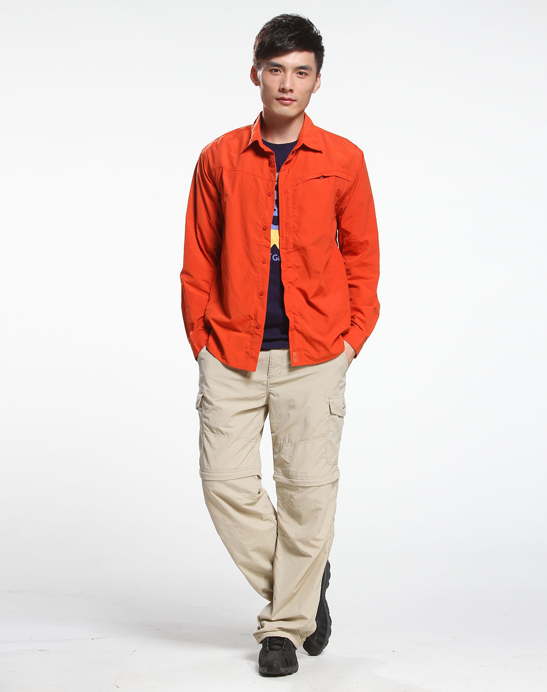 男款细线暗橘红色长袖快干衬衫