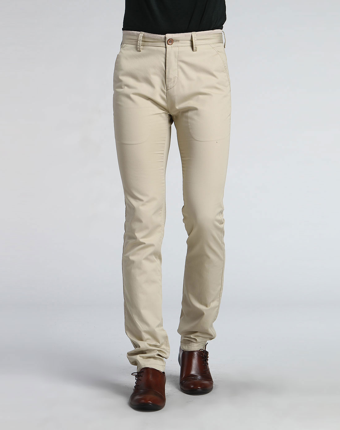 浅卡其色纯色全棉修身休闲长裤