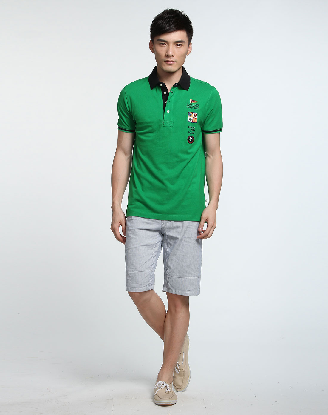 绣字英伦风草绿色短袖polo衫