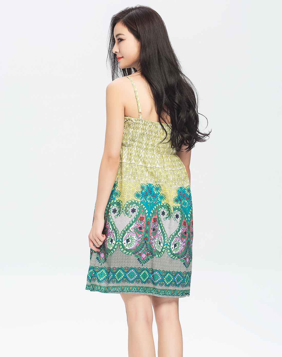 蓝黄色个性印花亮片吊带连衣裙