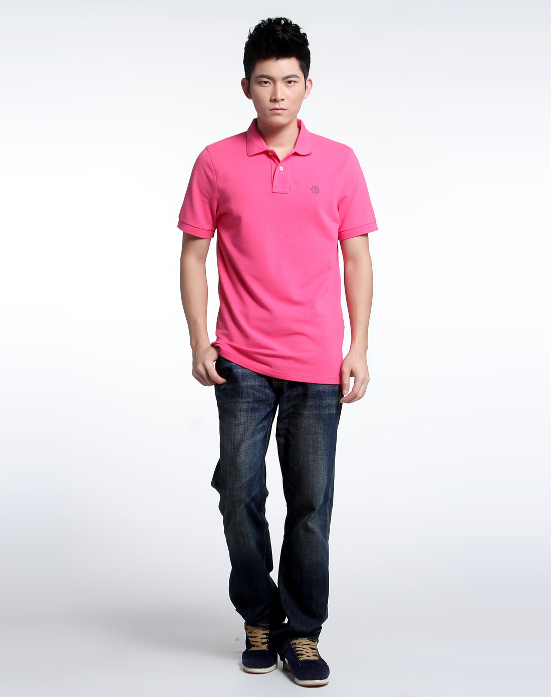 男款简约短袖玫红色polo衫