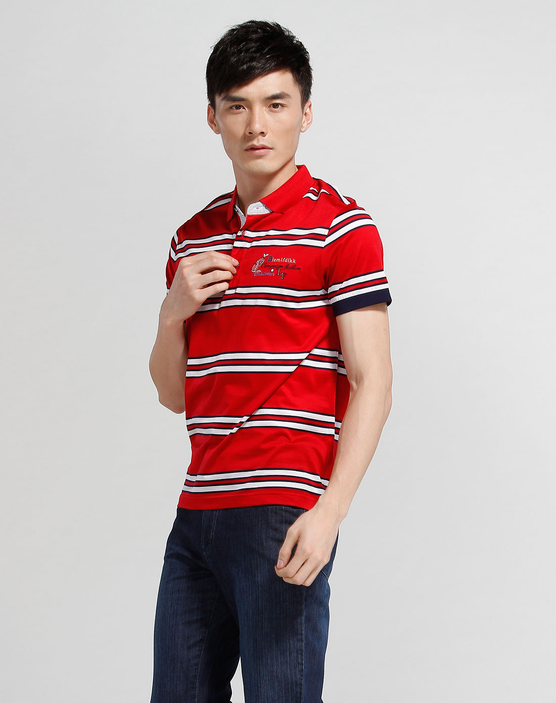 男款红/白色高尔夫休闲短袖polo衫