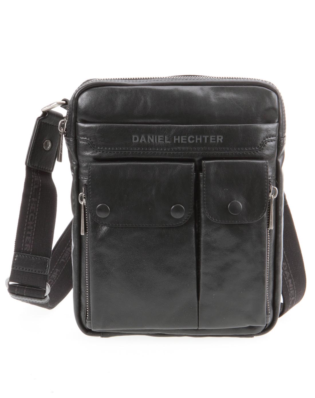 丹尼爱特daniel hechter男女包男款黑色头层牛皮竖款休闲斜跨包d1125