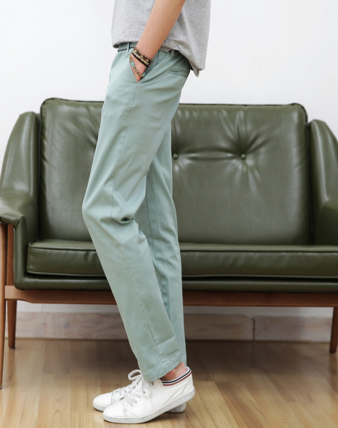 豆绿色修身透气百搭休闲长裤