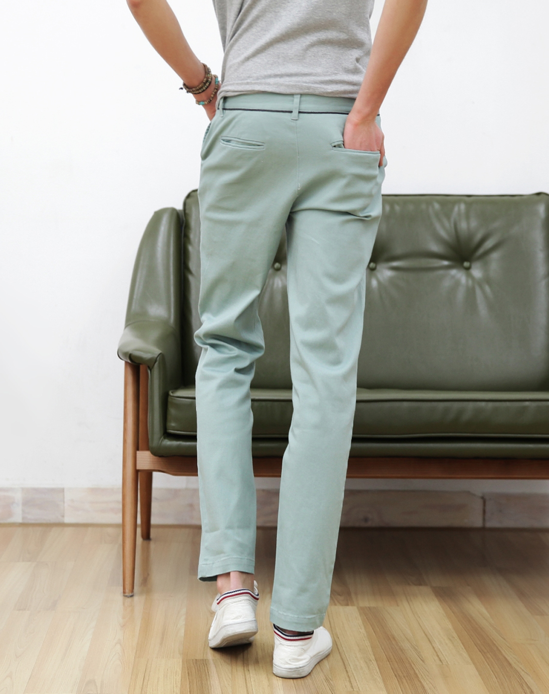 豆绿色修身透气百搭休闲长裤