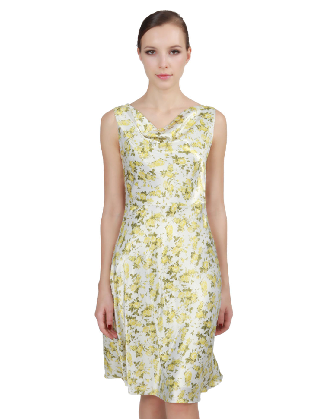 经典故事jane story女装专场 > 白带黄色荡领收腰碎花背心连衣裙