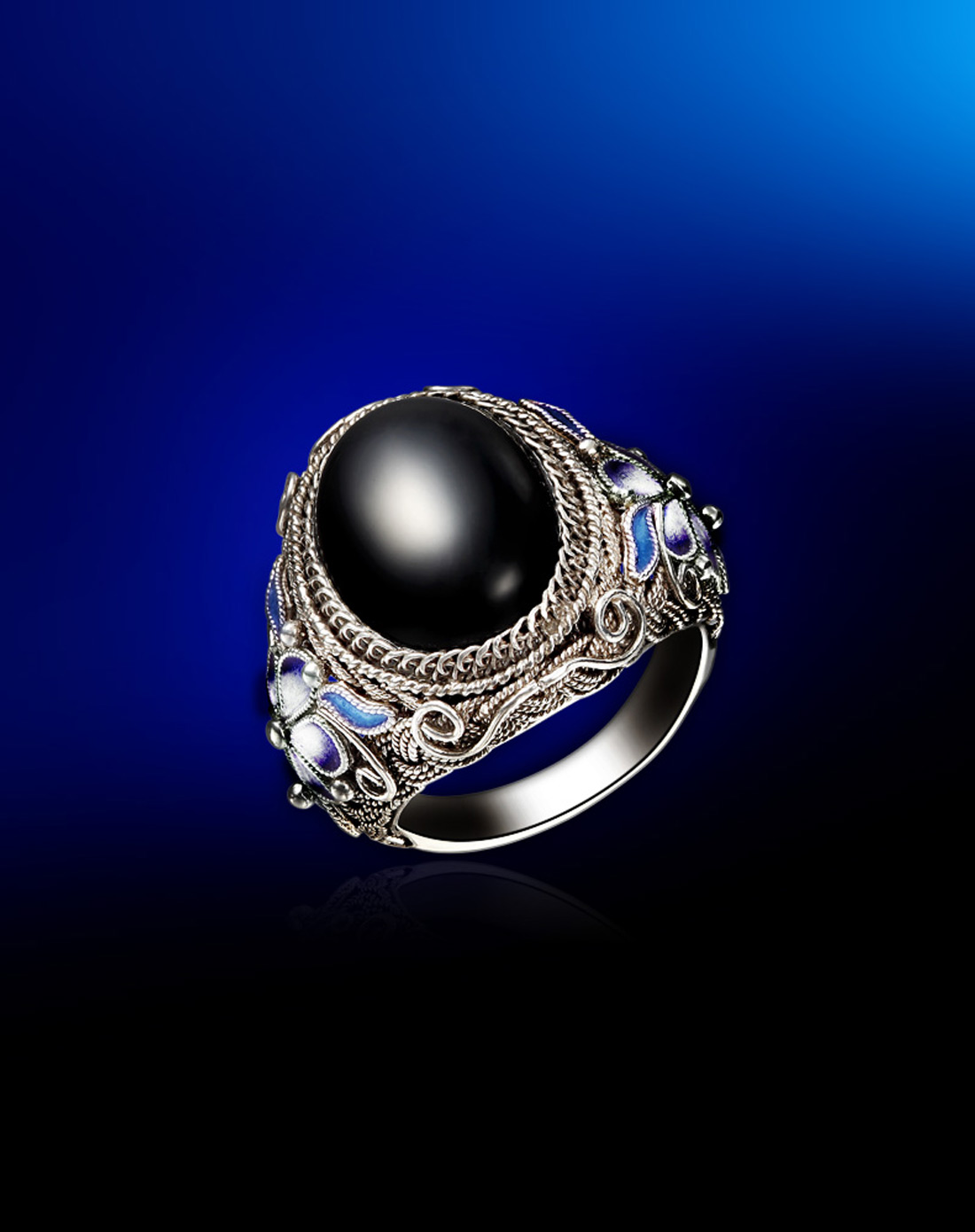 > 皇家工艺 纯手工精制花丝镶嵌烧蓝 黑玛瑙戒指