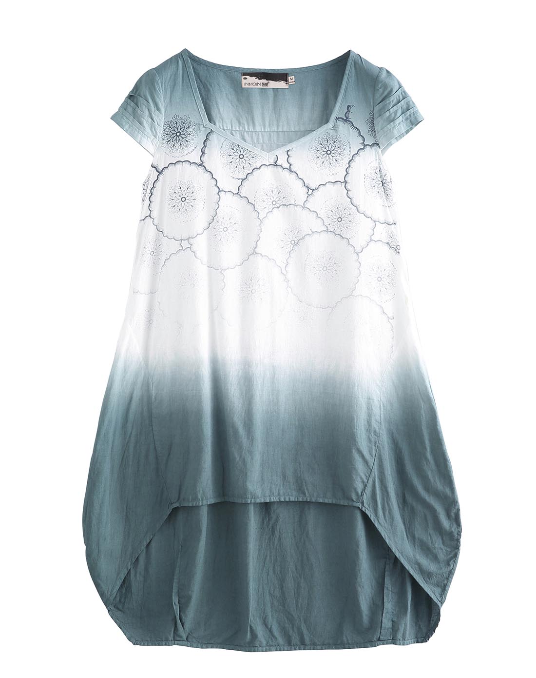 蓝灰色吊染印花短袖衬衫