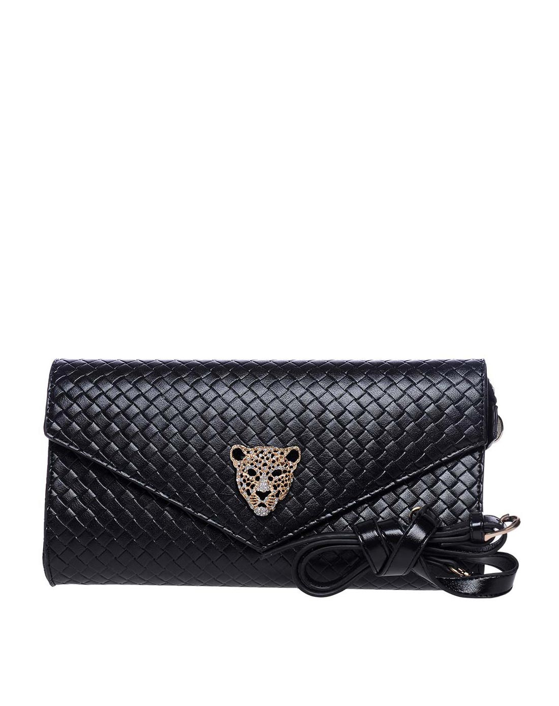 黑色编织纹豹子头手拿斜挎女包