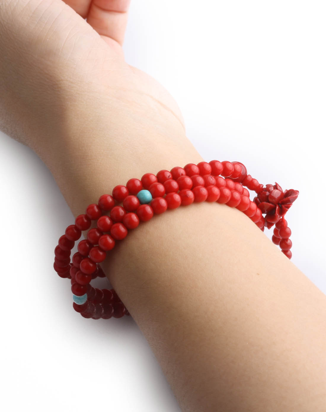 > 合成红珊瑚佛珠手链绕手3圈