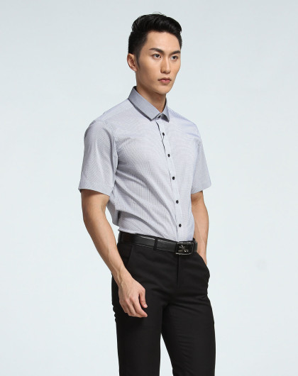 柒牌 黑/白色百搭细格纹短袖衬衫702a370684_唯品会