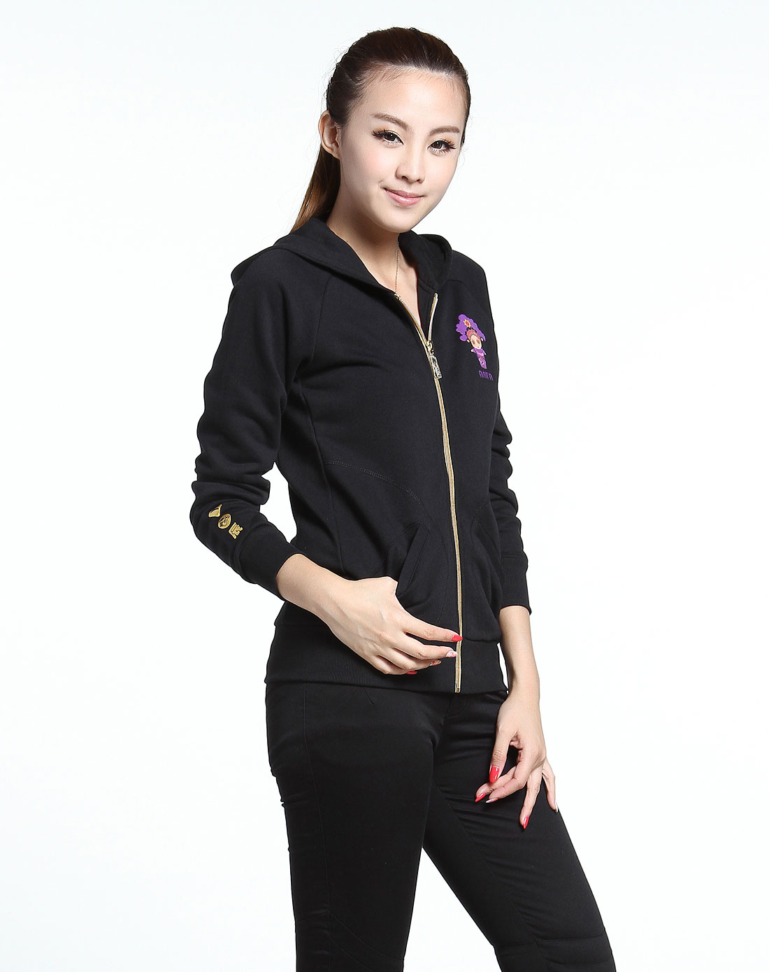 女款正黑色生活系列长袖纯棉运动外套