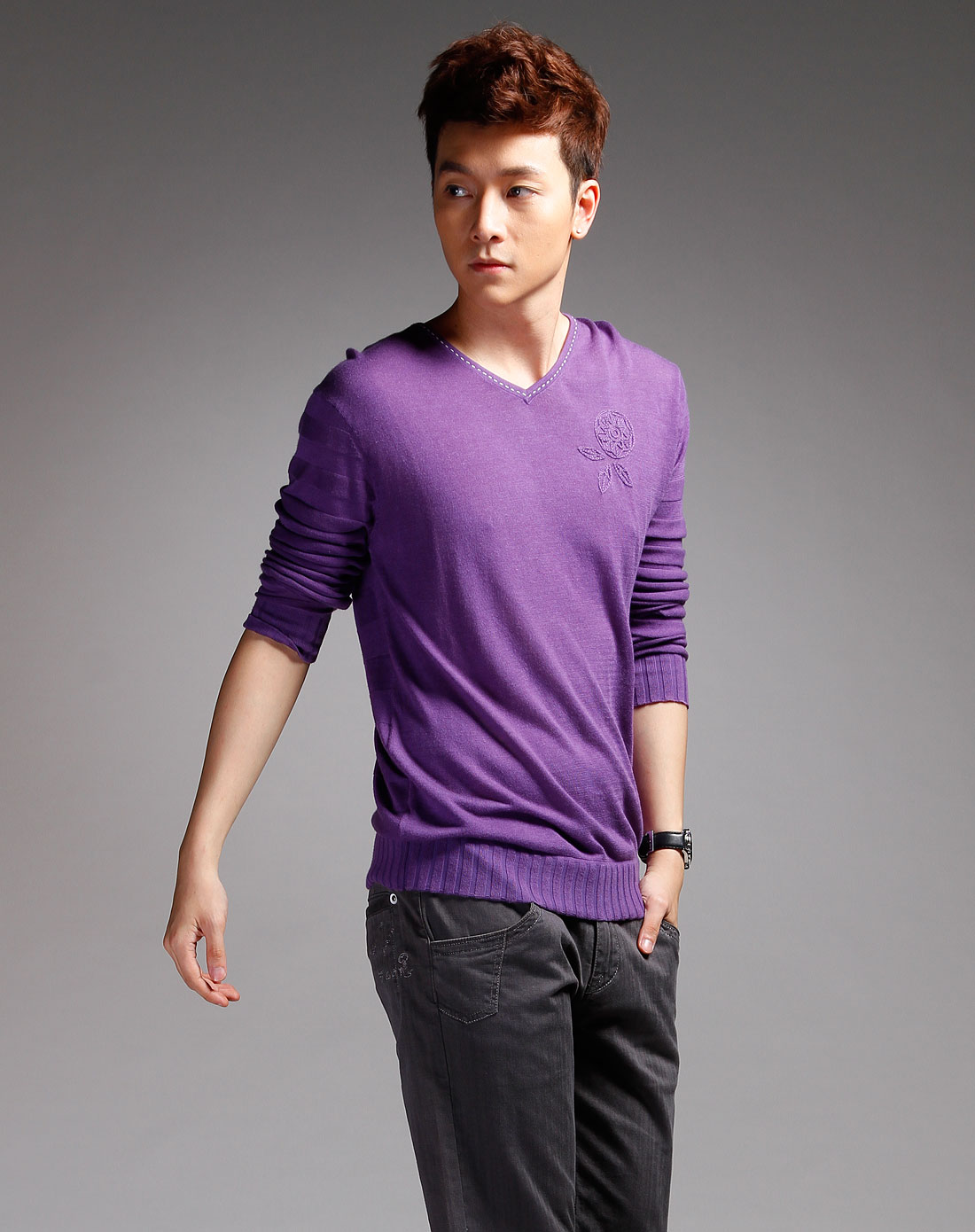 马克华菲mark fairwhale 新绅士紫色休闲长袖针织衫8191040209035_唯