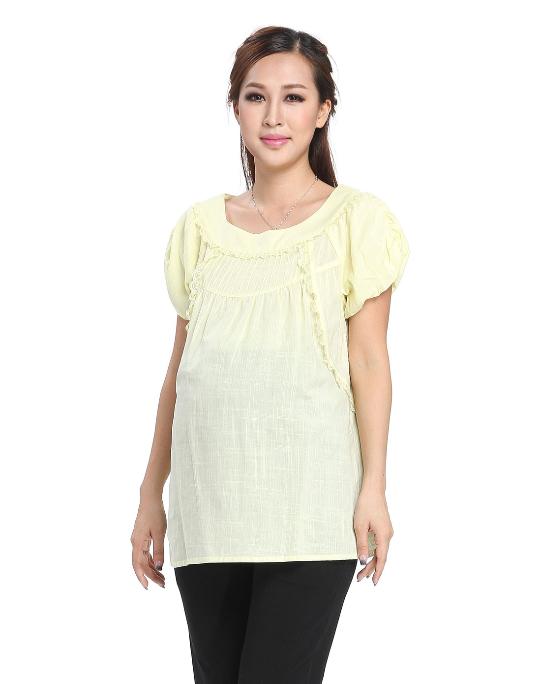 奇妮孕妇装 黄色蕾丝边泡泡短袖套头衫