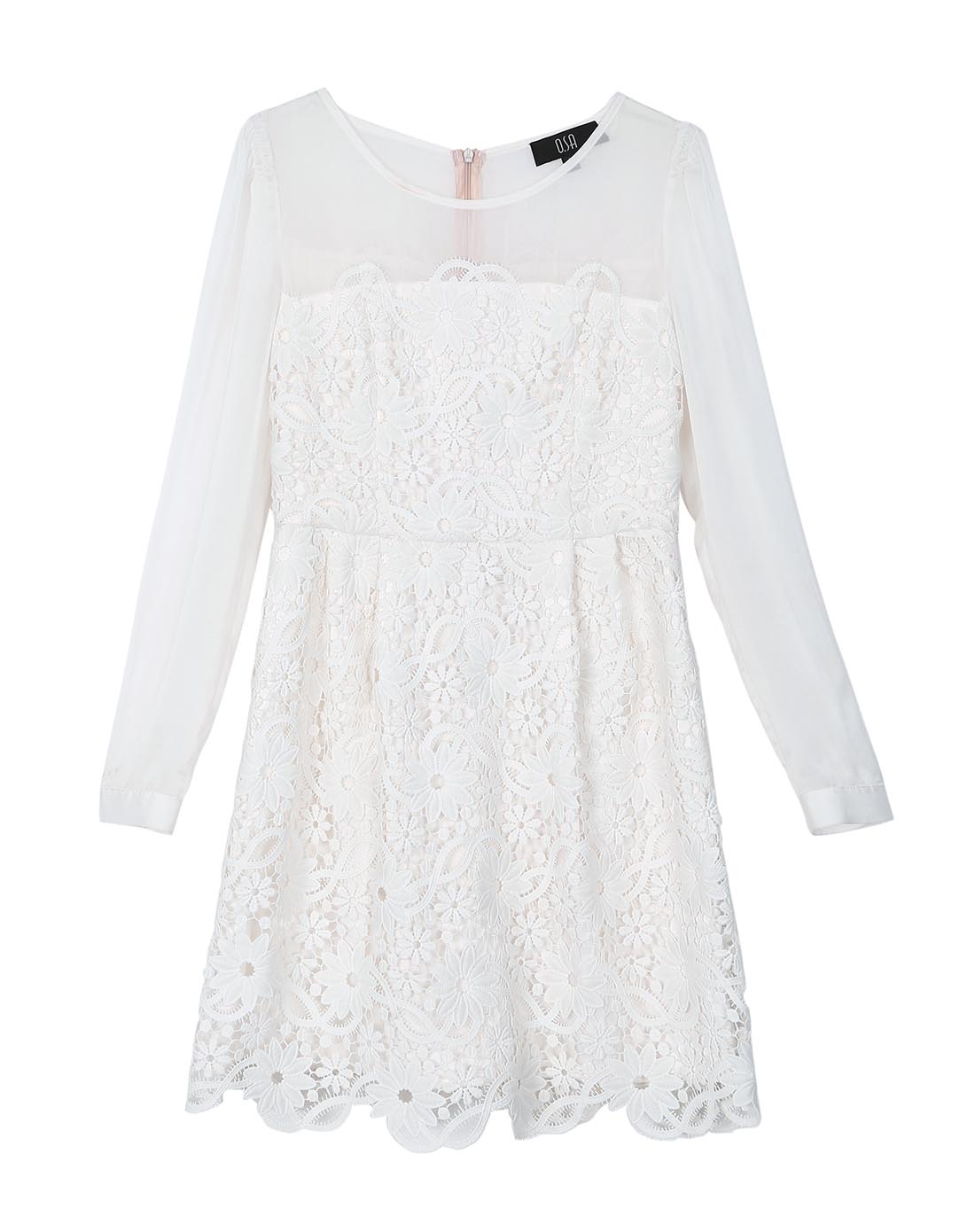 白色长袖蕾丝连衣裙